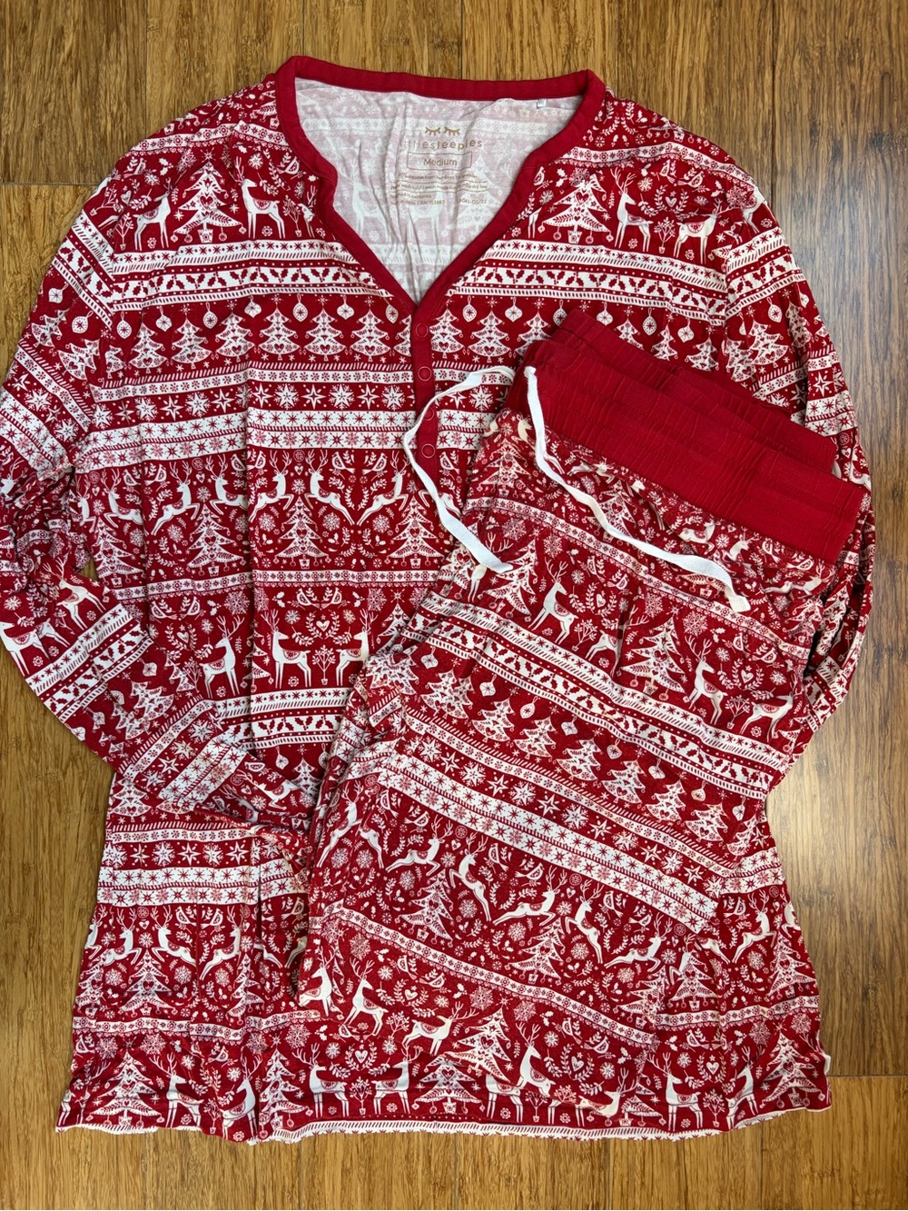Little Sleepies Womens Medium Pajama Set Fair Isle Reindeer Red White Christmas